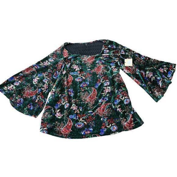 3X Velour Dress Green Floral Long Flair Sleeve Smak Parlour Stretch Ribbed NWT - Picture 2 of 8